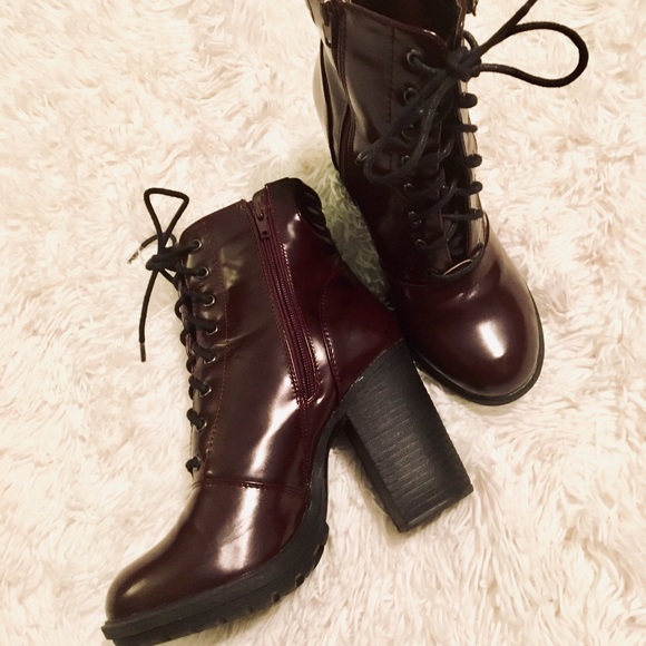 JustFab Burgundy Heeled Combat Boots - Picture 2 of 4